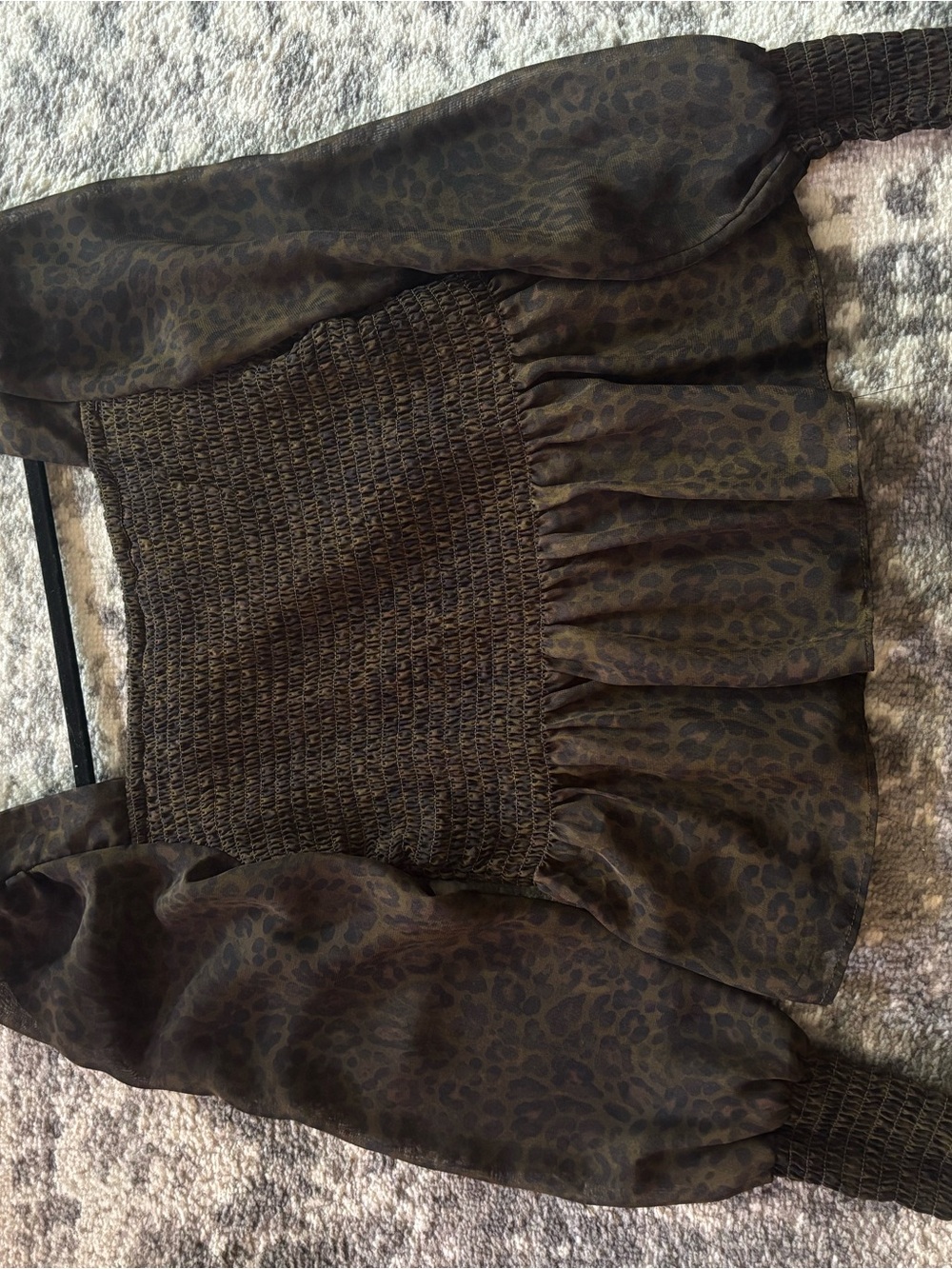 Nine West Brown Leopard Print Smocked Puff Sleeve Top